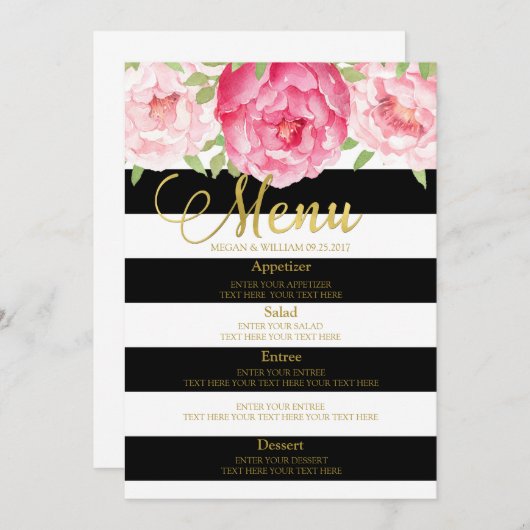 Roze Waterverf Bloemen Zwart Strepen Bruiloft Menu (Voorkant / Achterkant)