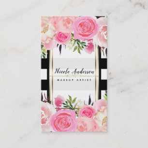Roze Waterverf Bloemen Zwart Witte Strepen Klasse Visitekaartje