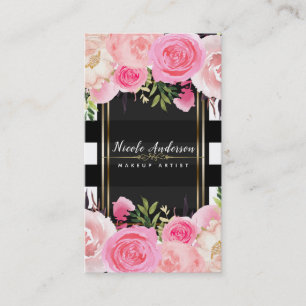 Roze Waterverf Bloemen Zwart Witte Strepen Klasse Visitekaartje