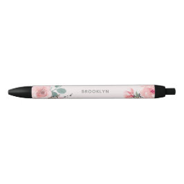Roze Waterverf Bloemen Zwarte Inkt Pen