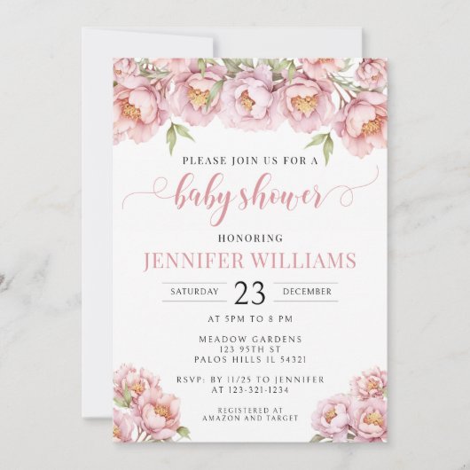 Roze waterverf bloemenbaby meisje doucheuitnodigin kaart (Voorkant)