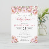 Roze waterverf bloemenbaby meisje doucheuitnodigin kaart (Staand voorkant)