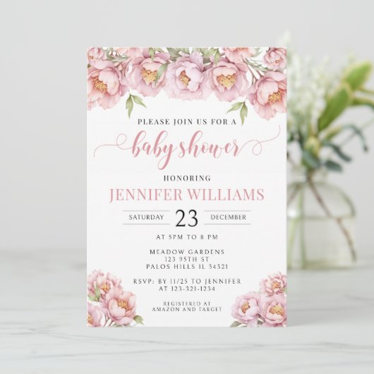 Roze waterverf bloemenbaby meisje doucheuitnodigin kaart (Staand voorkant)