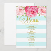 Roze Waterverf Bloemenblauw Strepen Bruiloft Menu (Voorkant / Achterkant)