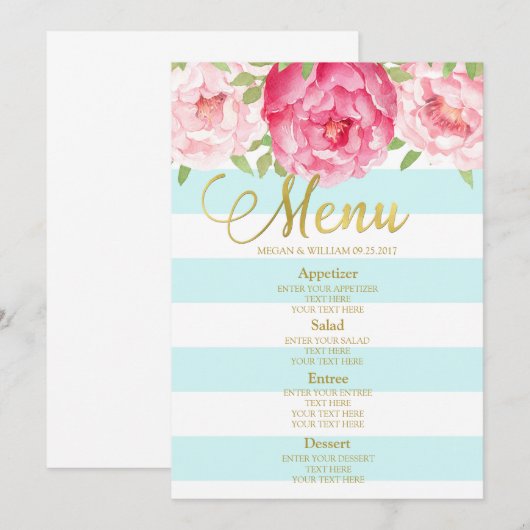 Roze Waterverf Bloemenblauw Strepen Bruiloft Menu (Voorkant / Achterkant)