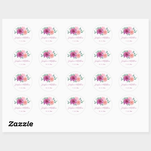 Roze Waterverf bloemenbruiloft Ronde Sticker (Vel)