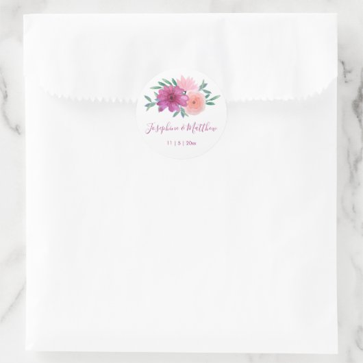 Roze Waterverf bloemenbruiloft Ronde Sticker (Tas)