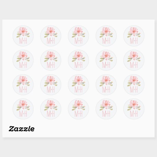 Roze Waterverf bloemenbruiloft Ronde Sticker (Vel)