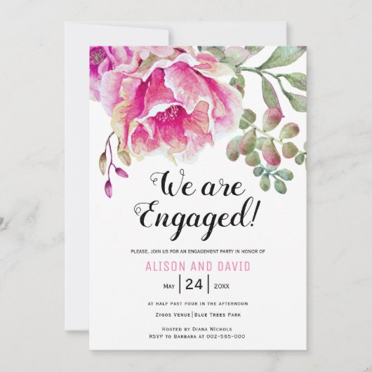 Roze waterverf bloemenbruiloft verlovingsfeest kaart (Voorkant)