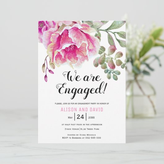 Roze waterverf bloemenbruiloft verlovingsfeest kaart (Staand voorkant)