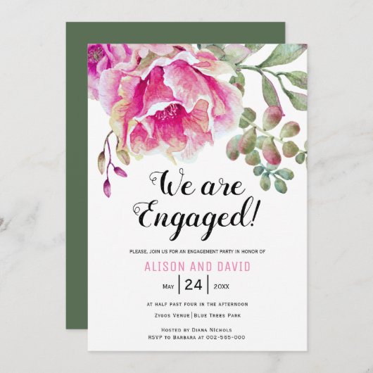 Roze waterverf bloemenbruiloft verlovingsfeest kaart (Voorkant / Achterkant)