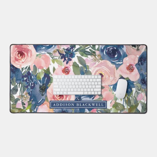 Roze Waterverf Bloemenbureau Mat en aangepaste naa (Keyboard & Muis)