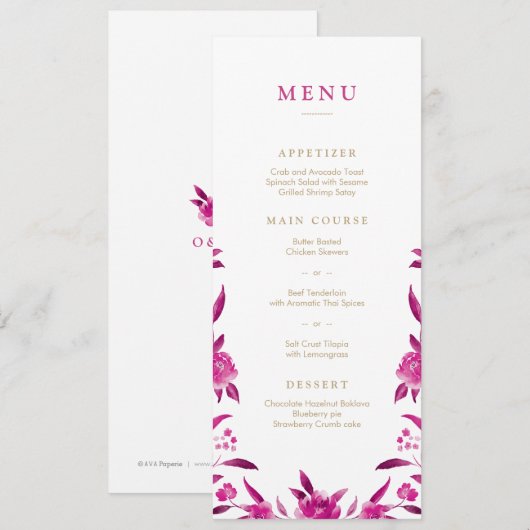 Roze Waterverf bloemenChinoiserie Bruiloft menu (Voorkant / Achterkant)