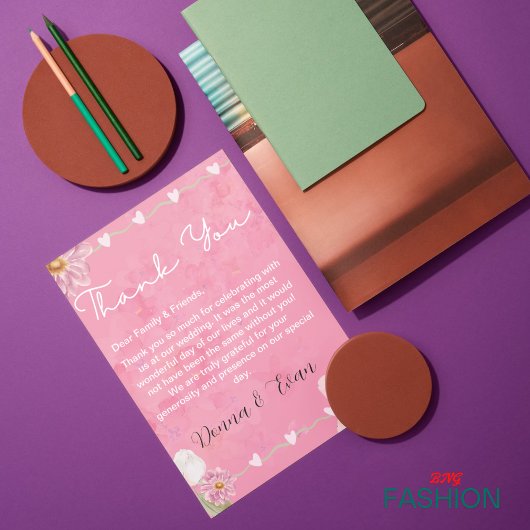 Roze Waterverf Bloemenillustratie Huwelijk Bedankkaart