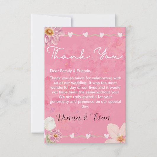 Roze Waterverf Bloemenillustratie Huwelijk Bedankkaart (Voorkant)