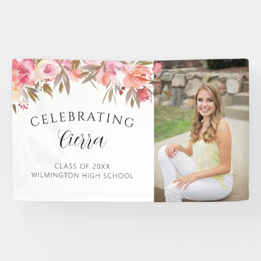 Roze Waterverf Bloemenkalligrafie Afstuderen Spandoek (Horizontaal)