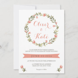 Roze Waterverf Bloemenkrans bruiloft uitnodiging