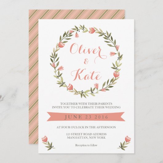 Roze Waterverf Bloemenkrans bruiloft uitnodiging (Voorkant / Achterkant)