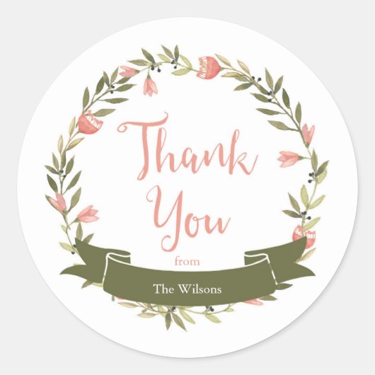 Roze Waterverf bloemenkrans dank u Ronde Sticker (Voorkant)