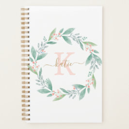 Roze waterverf bloemenkrans met monogram planner