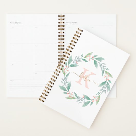 Roze waterverf bloemenkrans met monogram planner (Display)