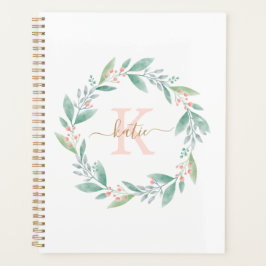 Roze waterverf bloemenkrans met monogram planner