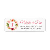 Roze Waterverf Bloemenkrans Monogram Adres Etiket (Voorkant)