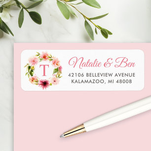 Roze Waterverf Bloemenkrans Monogram Adres Etiket