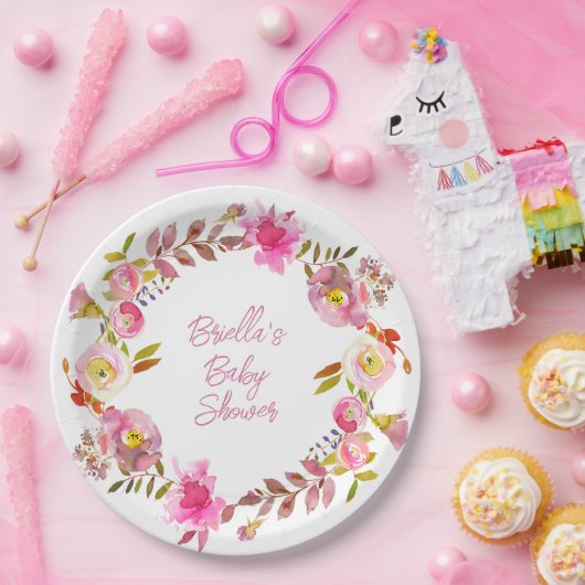 Roze Waterverf bloemenkrans Papieren Bordje (Feest)