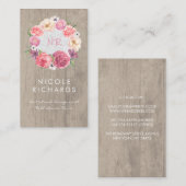 Roze Waterverf Bloemenkrans Rustiek Hout en Kant Visitekaartje (Voorkant / Achterkant)