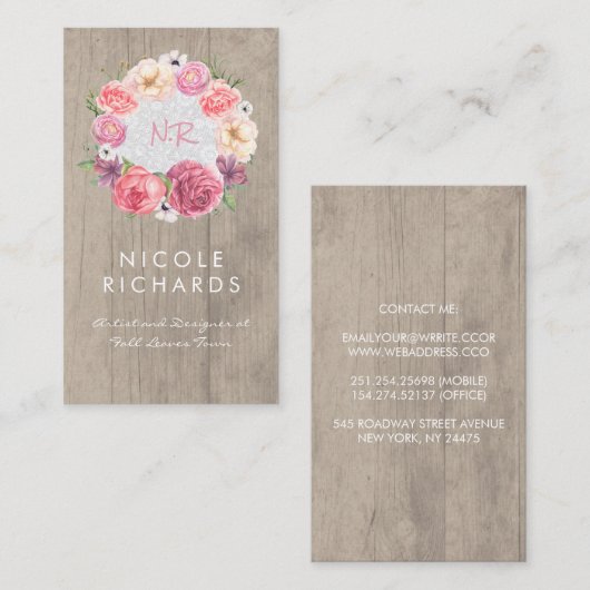 Roze Waterverf Bloemenkrans Rustiek Hout en Kant Visitekaartje (Voorkant / Achterkant)