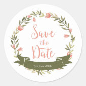 Roze Waterverf bloemenkrans Save the Date Ronde Sticker (Voorkant)