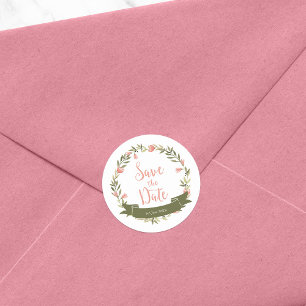 Roze Waterverf bloemenkrans Save the Date Ronde Sticker