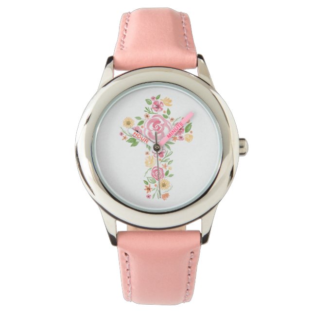 Roze Waterverf Bloemenkruis Eerste Heilige Communi Horloge (Voorkant)