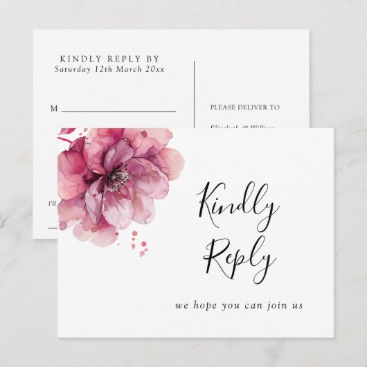 Roze Waterverf Bloemenlied Verzoek RSVP Briefkaart (Voorkant / Achterkant)