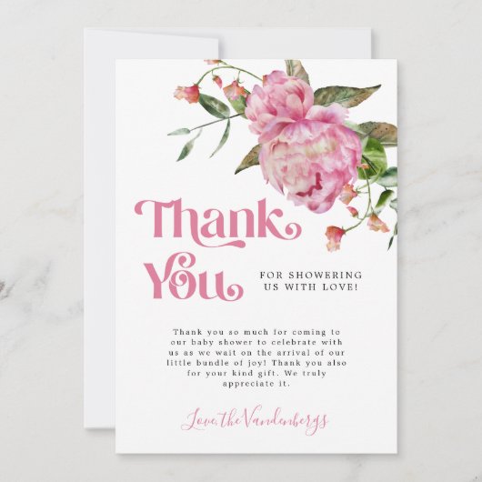 Roze Waterverf Bloemenmeisje Baby shower Bedankkaart (Voorkant)