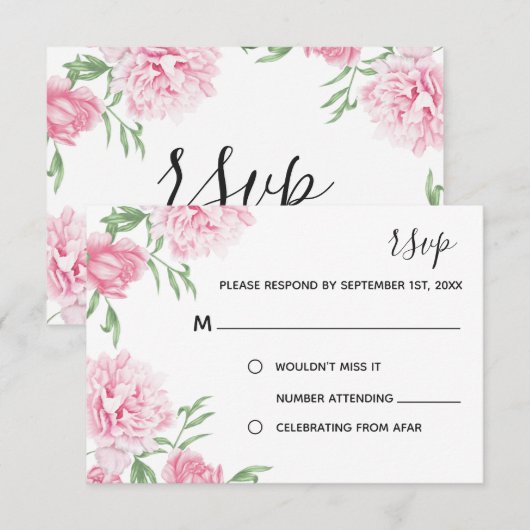 Roze Waterverf Bloemenpioen | RSVP Kaart (Voorkant / Achterkant)