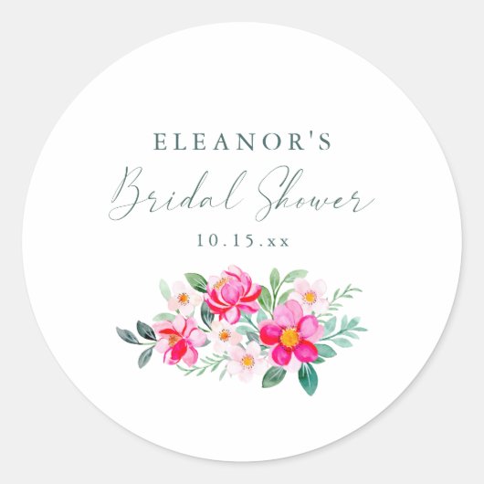 Roze waterverf bloemenscriptie aangepaste bruidssh ronde sticker (Voorkant)