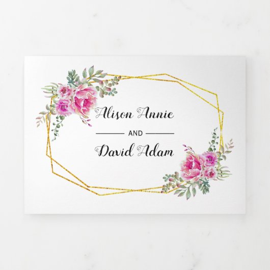 Roze waterverf bloementypografie bloemenbruiloft drieluik uitnodiging (Cover)