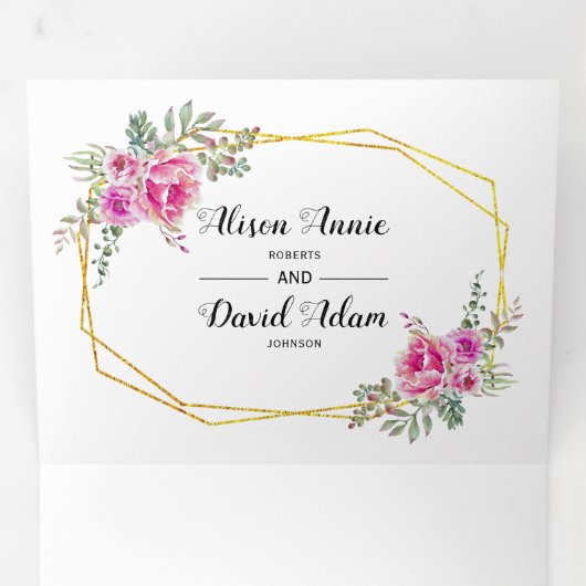 Roze waterverf bloementypografie bloemenbruiloft drieluik uitnodiging (Binnenzijde eerst)