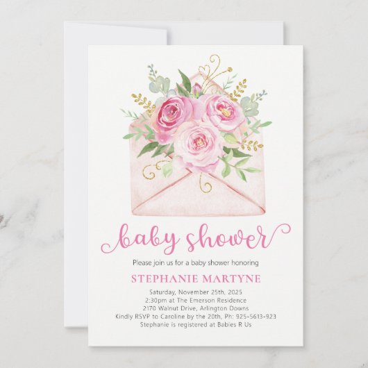 Roze Waterverf bloemenvelop Baby shower Kaart (Voorkant)