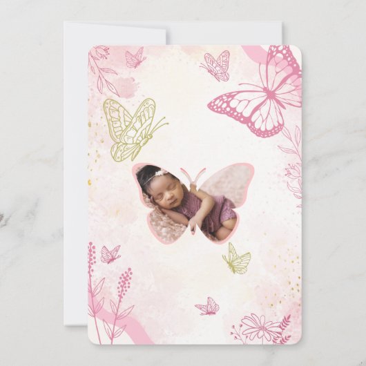 Roze Waterverf Bloemenvlinder Foto doop Kaart (Achterkant)