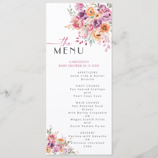 Roze Waterverf Bloemetuin Baby Shower Menu (Voorkant)