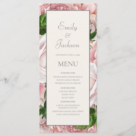 Roze Waterverf Bloemige Crème Trouwmenu Menu (Voorkant)