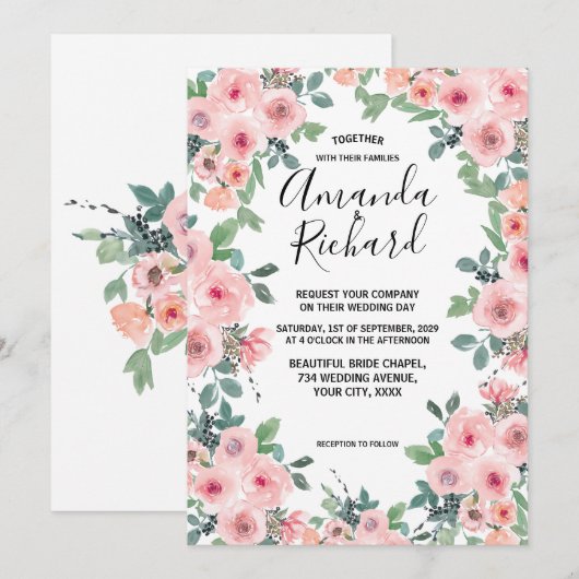 Roze Waterverf Bloemige Mooie Bruiloft Kaart (Voorkant / Achterkant)