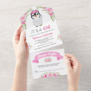 Roze Waterverf Bloemige Pinguïn Baby Shower All In One Uitnodiging