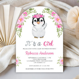 Roze Waterverf Bloemige Pinguïn Baby Shower Kaart