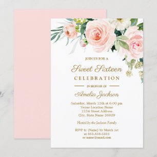 Roze Waterverf Bloemige Sweet 16 Kaart