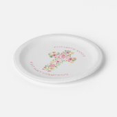 Roze Waterverf Bloemkruis Eerste Heilige Communie Papieren Bordje (Gekanteld)