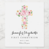 Roze Waterverf Bloemkruis Eerste Heilige Communie Wijn Etiket (Enkel label)